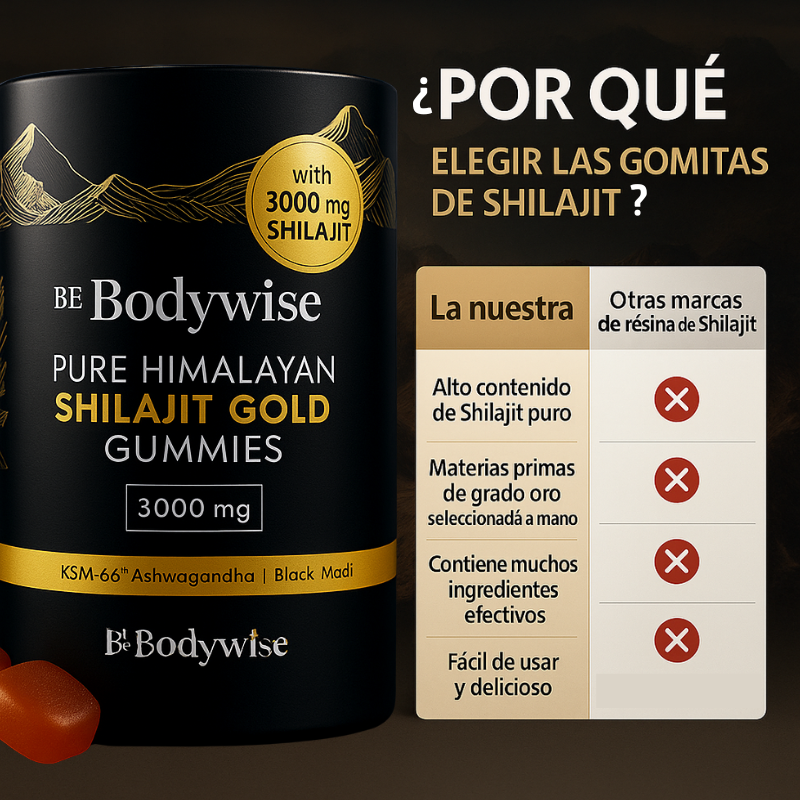 Be Bodywise™: Gomitas de Shilajit 3000 mg +KSM-66® Ashwagandha+ Black Musli, 60Pcs sin Azucar