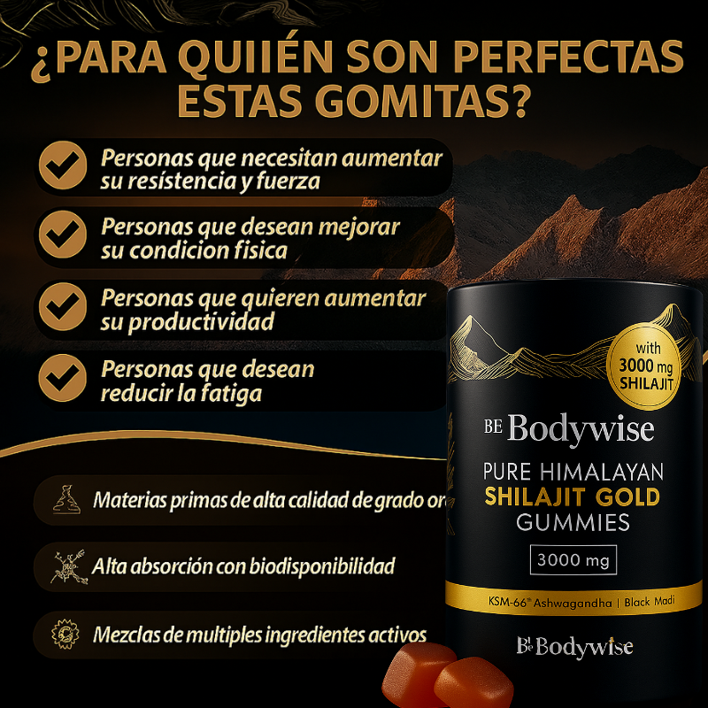 Be Bodywise™: Gomitas de Shilajit 3000 mg +KSM-66® Ashwagandha+ Black Musli, 60Pcs sin Azucar