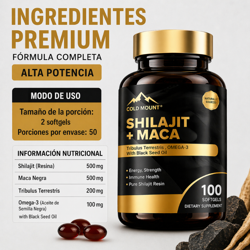 Shilajit + Maca Cold Mount™: Suplemento premium formulado con extracto de raíz de maca y Shilajit