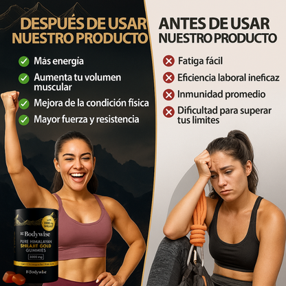 Be Bodywise™: Gomitas de Shilajit 3000 mg +KSM-66® Ashwagandha+ Black Musli, 60Pcs sin Azucar