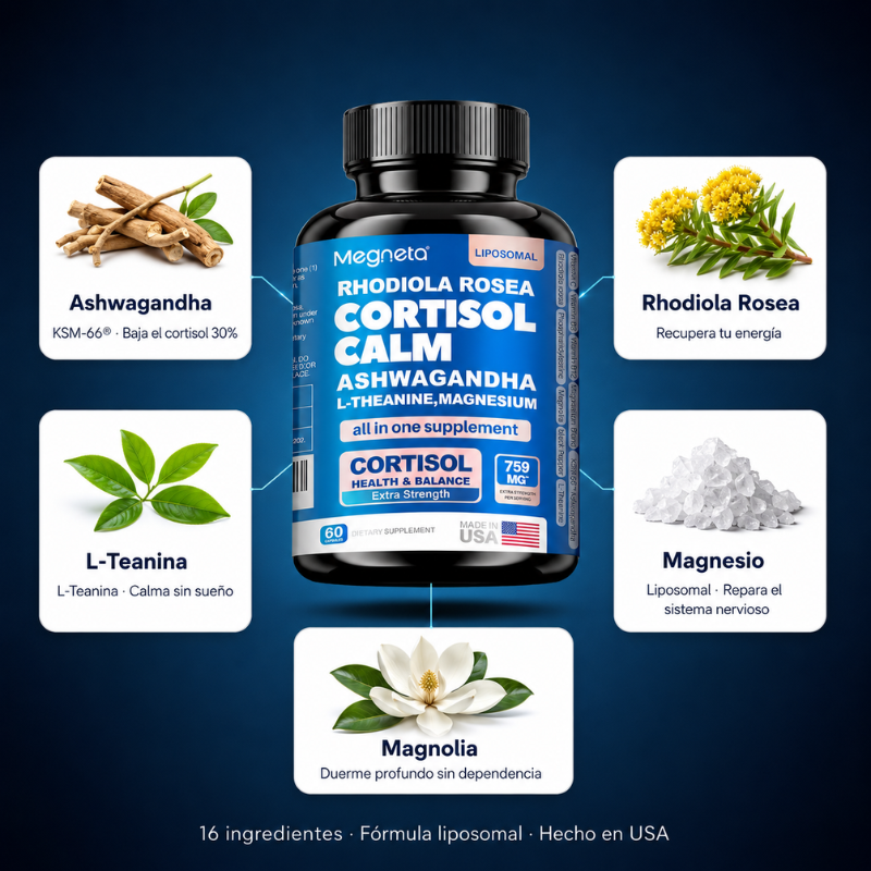 Ingredientes: Ashwagandha KSM-66, Rhodiola, L-Teanina, Magnesio, Magnolia