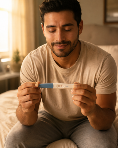 Hombre con prueba de embarazo positiva