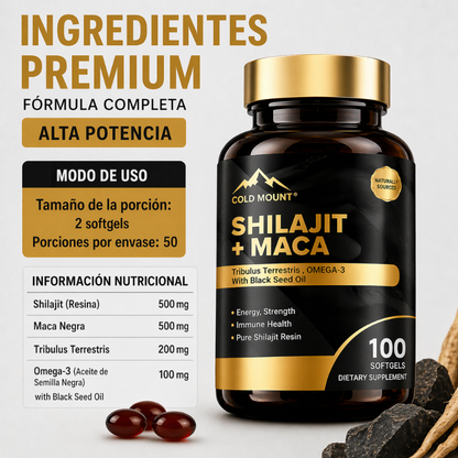Shilajit + Maca Cold Mount™: Suplemento premium formulado con extracto de raíz de maca y Shilajit
